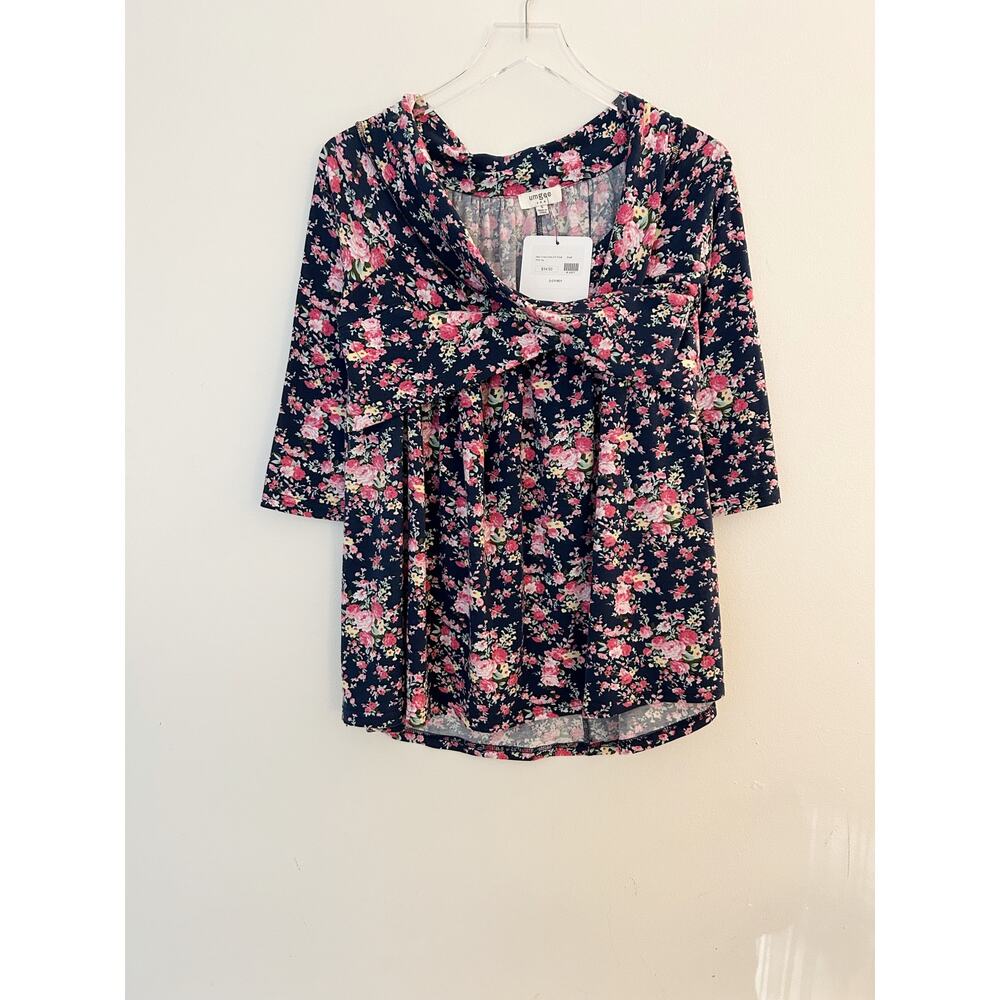 NWT Umgee Shawl Collar Navy Blue Moody Floral Top Size Small